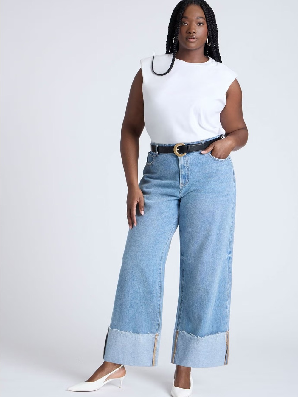 Eloquii Wide-Leg Cuffed Jeans in Medium Blue Denim - Picture 2 of 3